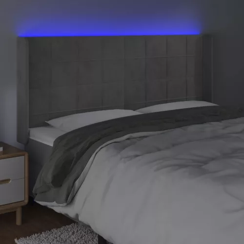  világosszürke bársony LED-es fejtámla 163x16x118/128 cm