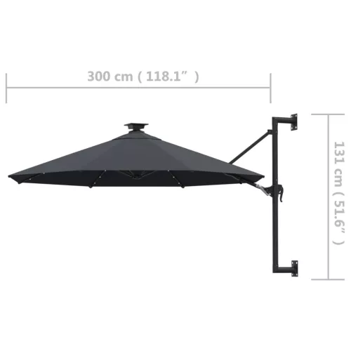 antracitszürke fali napernyő LED-ekkel és fémrúddal 300 cm
