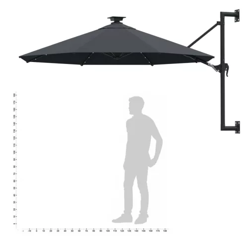 antracitszürke fali napernyő LED-ekkel és fémrúddal 300 cm