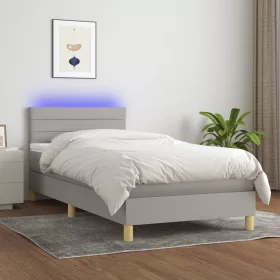    világosszürke szövet rugós és LED-es ágy matraccal 90x200 cm