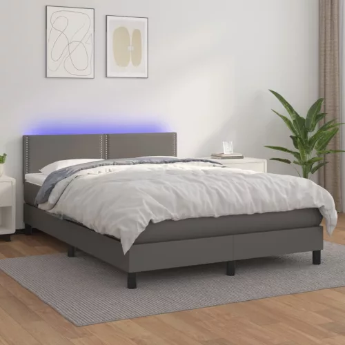  szürke műbőr rugós ágy matraccal és LED-del 140x190 cm