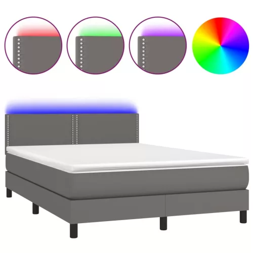  szürke műbőr rugós ágy matraccal és LED-del 140x190 cm