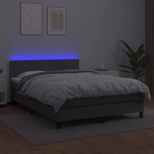  szürke műbőr rugós ágy matraccal és LED-del 140x190 cm