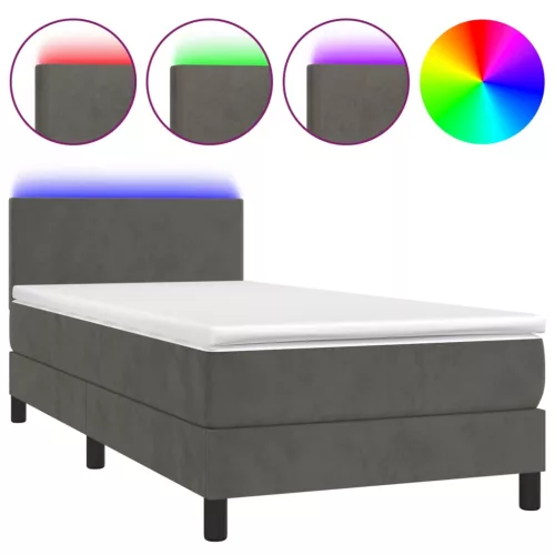  sötétszürke bársony rugós és LED-es ágy matraccal 90x190 cm