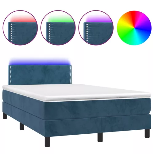  sötétkék bársony rugós és LED-es ágy matraccal 120x200 cm