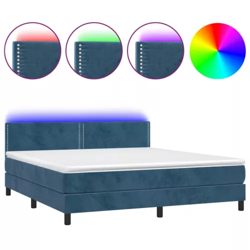  sötétkék bársony rugós és LED-es ágy matraccal 180x200 cm