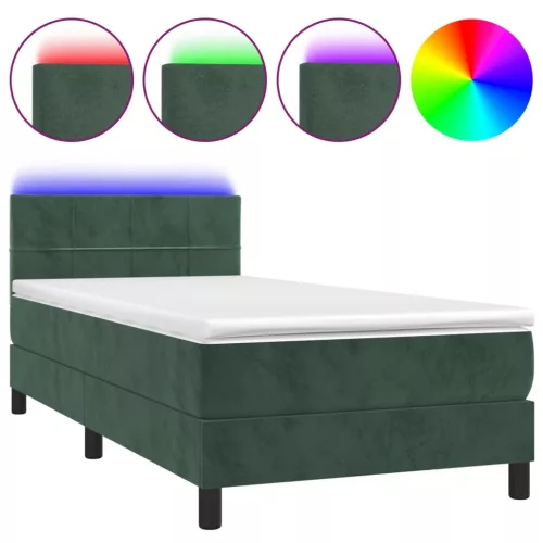  sötétzöld bársony rugós és LED-es ágy matraccal 90x190 cm