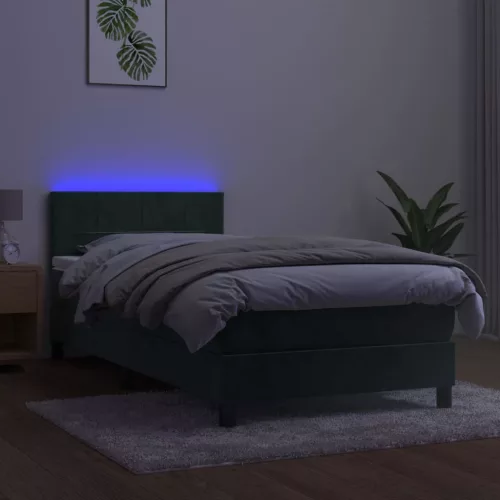  sötétzöld bársony rugós és LED-es ágy matraccal 90x190 cm