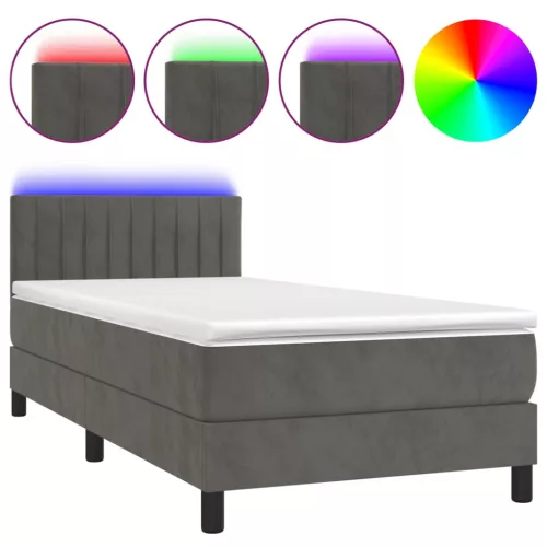  sötétszürke bársony rugós és LED-es ágy matraccal 90x200 cm