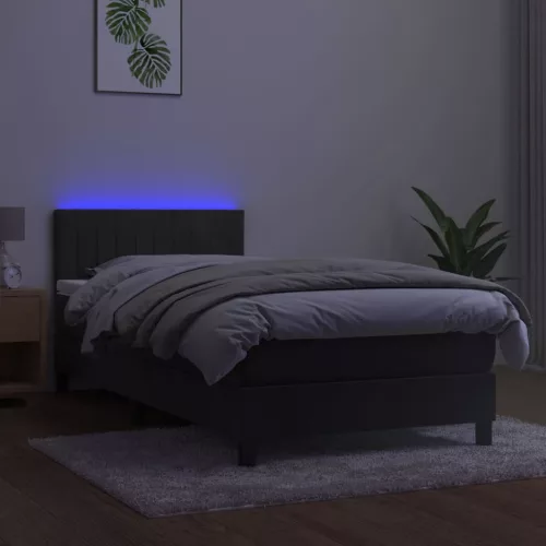  sötétszürke bársony rugós és LED-es ágy matraccal 90x200 cm