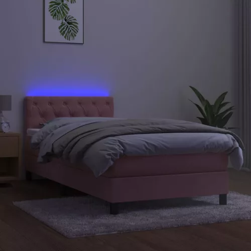  rózsaszín bársony rugós és LED-es ágy matraccal 80 x 200 cm