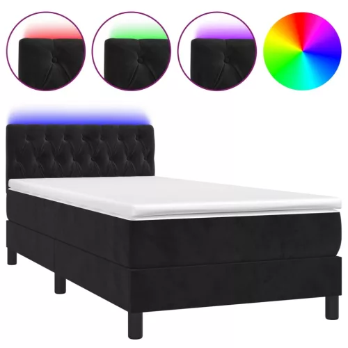  fekete bársony rugós és LED-es ágy matraccal 90x190 cm