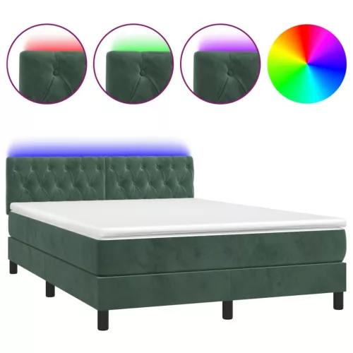  sötétzöld bársony rugós és LED-es ágy matraccal 140x190 cm