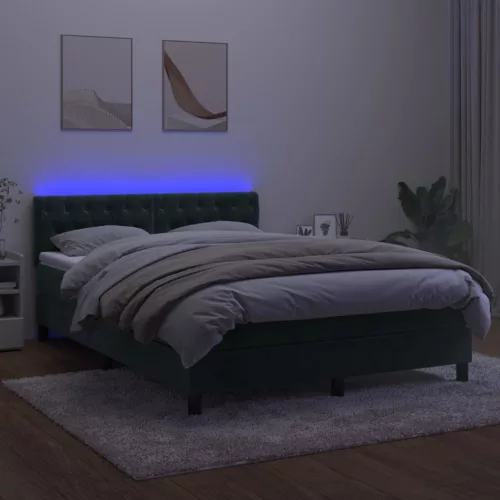  sötétzöld bársony rugós és LED-es ágy matraccal 140x190 cm
