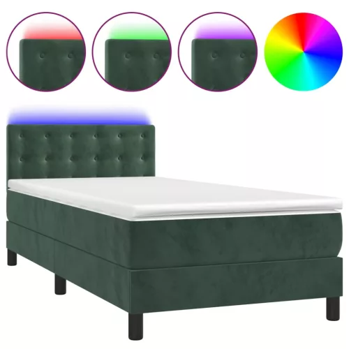  sötétzöld bársony rugós és LED-es ágy matraccal 80 x 200 cm