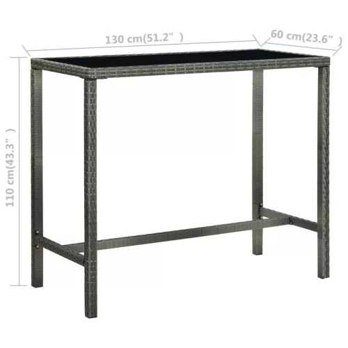  szürke polyrattan és üveg kerti bárasztal 130 x 60 x 110 cm