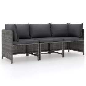  3 személyes szürke polyrattan kerti kanapé párnákkal