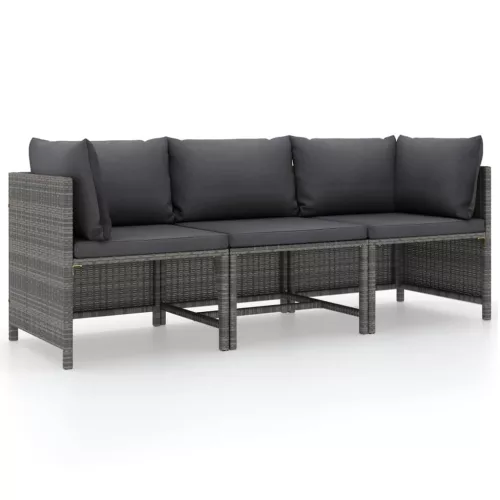  3 személyes szürke polyrattan kerti kanapé párnákkal