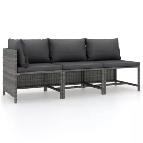  3 részes szürke polyrattan kerti bútorszett párnákkal