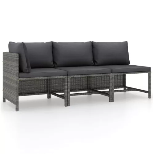  3 részes szürke polyrattan kerti bútorszett párnákkal