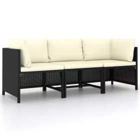  3 személyes fekete polyrattan kerti kanapé párnákkal
