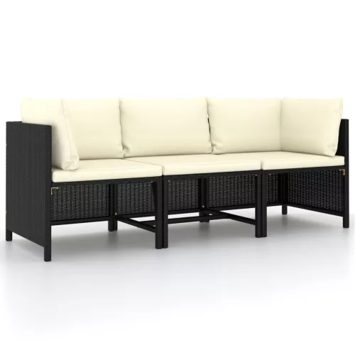  3 személyes fekete polyrattan kerti kanapé párnákkal