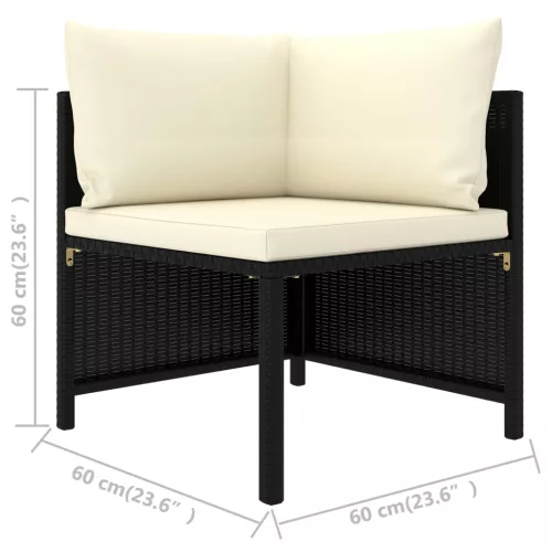  3 személyes fekete polyrattan kerti kanapé párnákkal