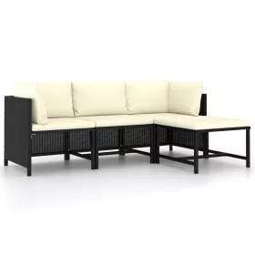  4 részes fekete polyrattan kerti kanapészett párnákkal