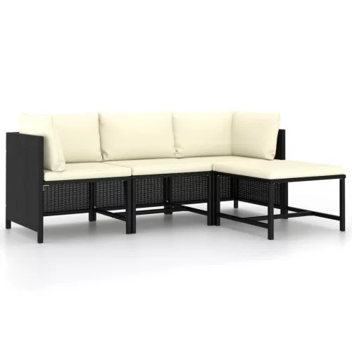  4 részes fekete polyrattan kerti kanapészett párnákkal