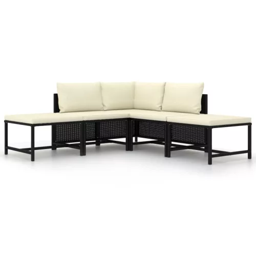  5 részes fekete polyrattan kerti kanapészett párnákkal