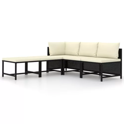  5 részes fekete polyrattan kerti kanapészett párnákkal