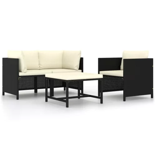  4 részes fekete polyrattan kerti kanapészett párnákkal