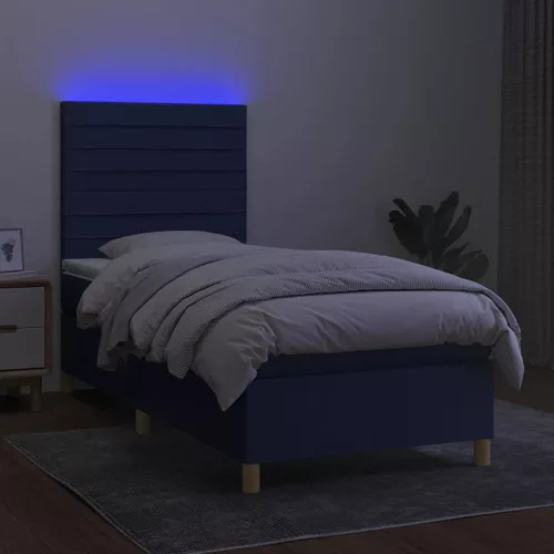  kék szövet rugós és LED-es ágy matraccal 90x190 cm