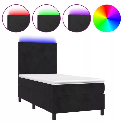  fekete bársony rugós és LED-es ágy matraccal 90x190 cm