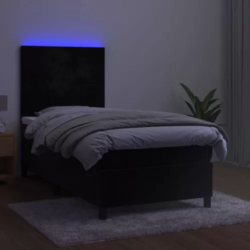  fekete bársony rugós és LED-es ágy matraccal 90x190 cm
