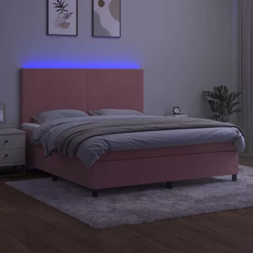  rózsaszín bársony rugós és LED-es ágy matraccal 180x200 cm