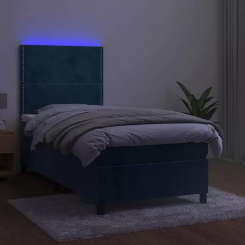  sötétkék bársony rugós és LED-es ágy matraccal 80 x 200 cm