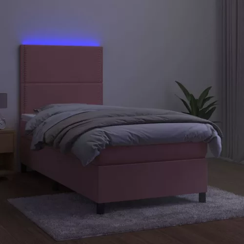  rózsaszín bársony rugós és LED-es ágy matraccal 100x200 cm