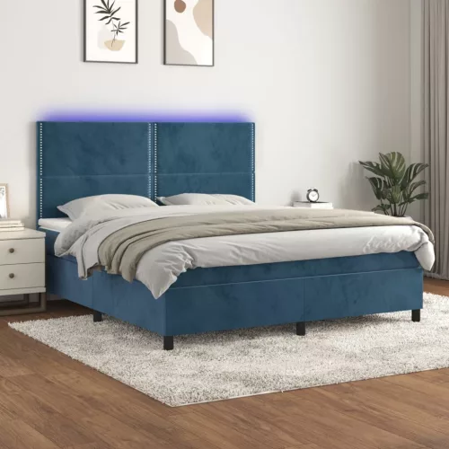  sötétkék bársony rugós és LED-es ágy matraccal 160x200 cm