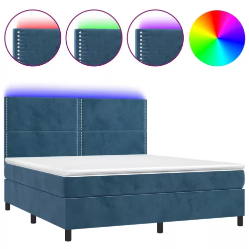  sötétkék bársony rugós és LED-es ágy matraccal 160x200 cm