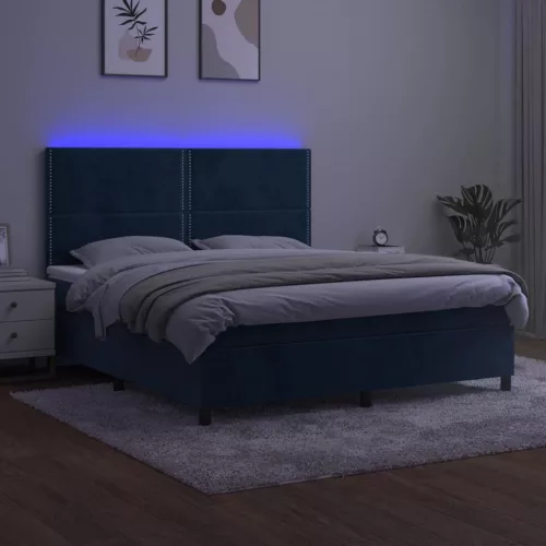 sötétkék bársony rugós és LED-es ágy matraccal 160x200 cm