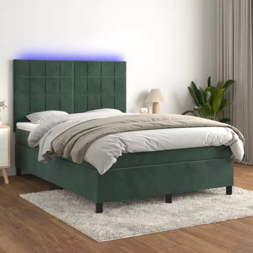  sötétzöld bársony rugós és LED-es ágy matraccal 140x200 cm