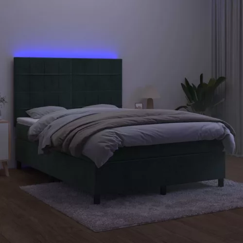  sötétzöld bársony rugós és LED-es ágy matraccal 140x200 cm