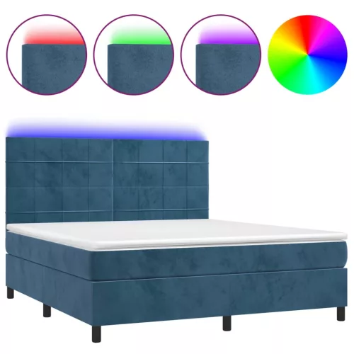  sötétkék bársony rugós és LED-es ágy matraccal 180x200 cm