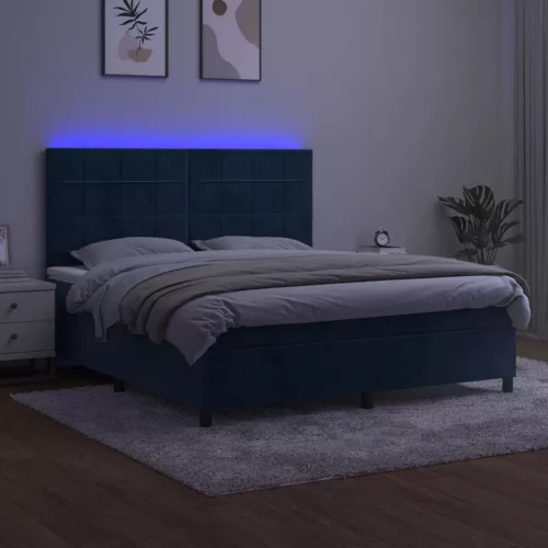  sötétkék bársony rugós és LED-es ágy matraccal 180x200 cm