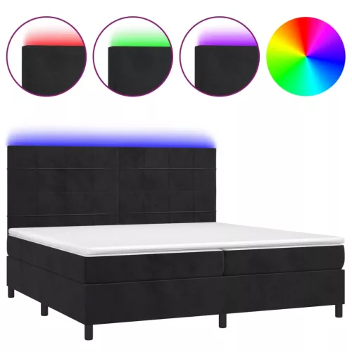  fekete bársony rugós és LED-es ágy matraccal 200x200 cm