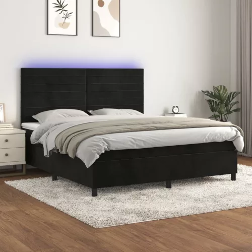  fekete bársony rugós és LED-es ágy matraccal 160x200 cm