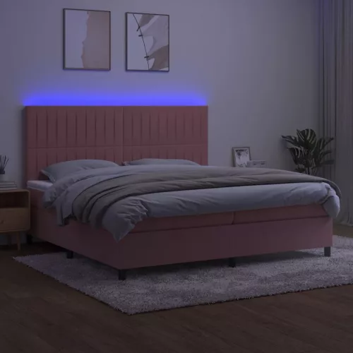  rózsaszín bársony rugós és LED-es ágy matraccal 200x200 cm