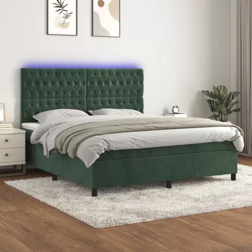  sötétzöld bársony rugós és LED-es ágy matraccal 180x200 cm