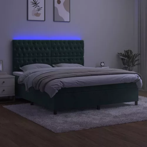  sötétzöld bársony rugós és LED-es ágy matraccal 180x200 cm